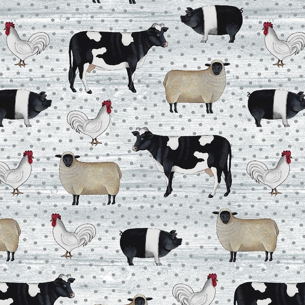 Farm Animal Fabric, Daisy Cows, Sheep, Roosters, Pig, Benartex Spring Hill Farm 13246-08, Rustic Farm Quilt Fabric by the Yard, 100% Cotton