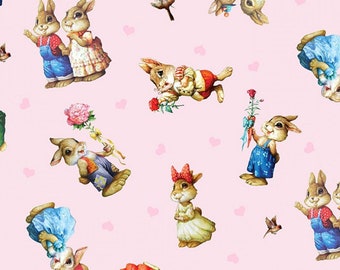 Big Eyed Bunnies Fabric, Elizabeths Studio I Love You 27002 Pink, Petar Meseldzija, Bunny Quilt Fabric, Easter Fabric, 100% Cotton