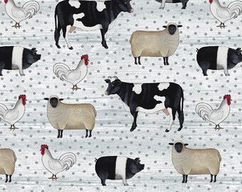 Farm Animal Fabric, Daisy Cows, Sheep, Roosters, Pig, Benartex Spring Hill Farm 13246-08, Rustic Farm Quilt Fabric by the Yard, 100% Cotton