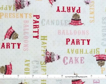 Happy Birthday Fabric, Clothworks Hullabaloo Y1392-2, Birthday Words, Cake, Birthday Quilt Fabric by the Yard, 100% Cotton