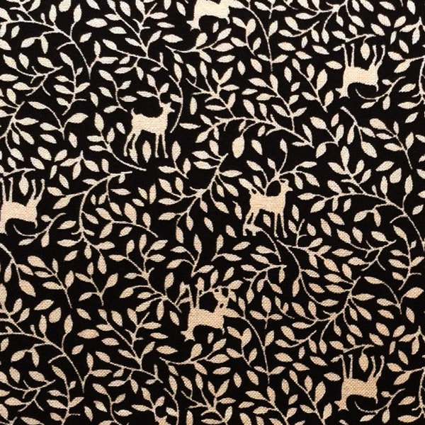 Woodland Fabric, Tan Leaves & Deer on Black,  Benartex Yuletide Magic 2926, Deer Fabric,100% Cotton Quilt Fabric
