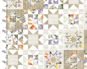 Floral Patchwork Fabric, 3 Wishes Locally Grown 20193 Star Blocks by Beth Albert, Rustic Cheater Quilt Fabric by the Yard, 100% Cotton