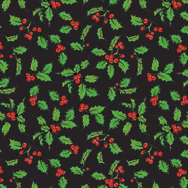 Holly Fabric, Riley Blake Nicholas Holly Days C12338 Black, J Wecker Frisch, Christmas Quilt Fabric by the Yard, 100% Cotton