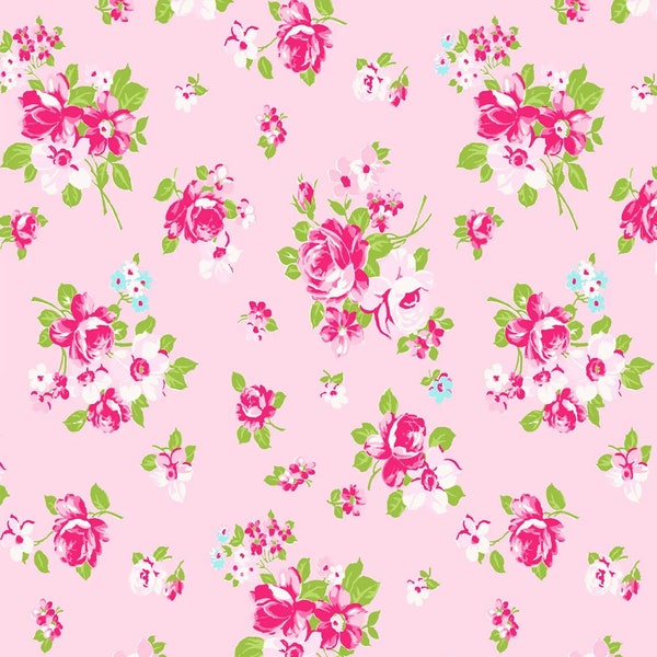 Pink Roses Fabric, Freckle & Lollie - Maisies Garden FLMGL-D56-A, Digital Print, Cottage Chic Floral Quilt Fabric by the Yard, 100% Cotton
