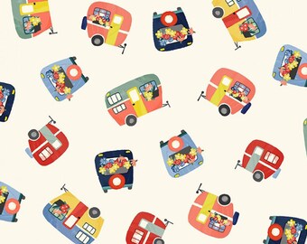 Small Retro Camper Fabric, Michael Miller Camping Life DDC10100 Cream, Glamping, Vintage Travel Trailer Quilt Fabric by the Yard, Cotton