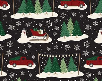 Christmas Trees & Red Truck Christmas Fabric, Riley Blake Christmas Traditions C9590 Black, Christmas Quilt Fabric by the Yard, 100% Cotton