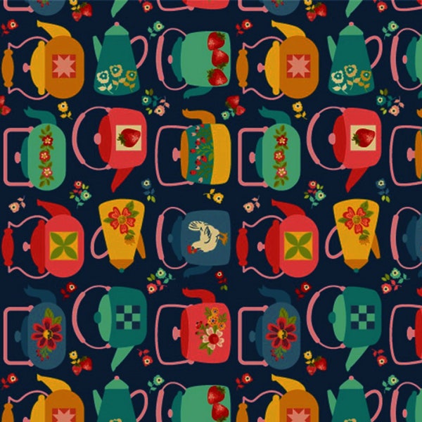 Colorful Teapots Fabric, Poppie Cottons Betsys Sewing Kit 22120, Tea Kettles, Food, Kitchen, Apron Fabric, Teapot Quilt Fabric, 100% Cotton