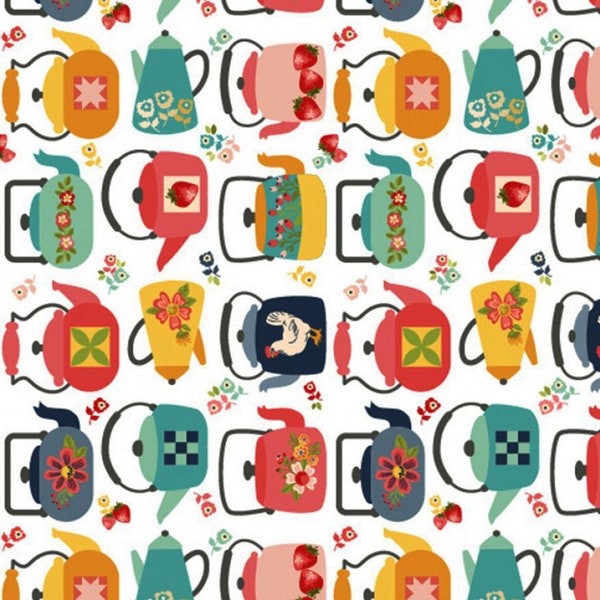 Colorful Teapots Fabric, Poppie Cottons Betsys Sewing Kit 22121, Tea Kettles, Food, Kitchen, Apron Fabric, Teapot Quilt Fabric, 100% Cotton