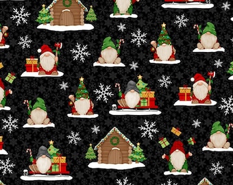 Christmas Gnomes Fabric, Henry Glass Timber Gnomies Tree Farm 307-99, Presents, Cottages, Gnome Christmas Quilt Fabric by the Yard, Cotton