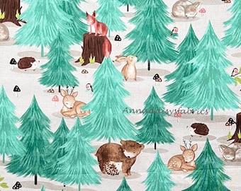 Woodland Animal Fabric, 3 Wishes Woodland Wander 20237 Forest Wander, Bear, Fawn, Bunny, Hedgehog, Baby Quilt Fabric by the Yard, Cotton