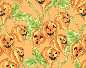 Green & Orange Jack-O-Lantern Fabric, Maywood Studio Spellcaster's Garden 9813-O, Gardener's Halloween Quilt Fabric by the Yard, 100% Cotton