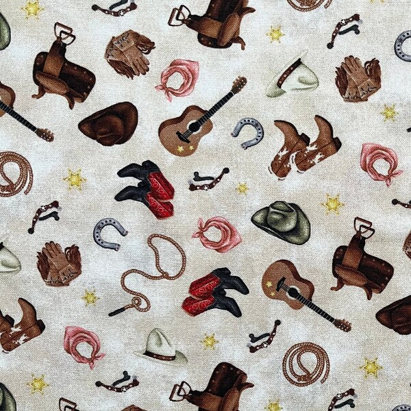 Western Fabric, Boots, Guitar, Saddle, Hats, Spurs, Rope, Oasis Fabrics Cowgirl Spirit 59359, Cowgirl Quilt Fabric, 100% Cotton