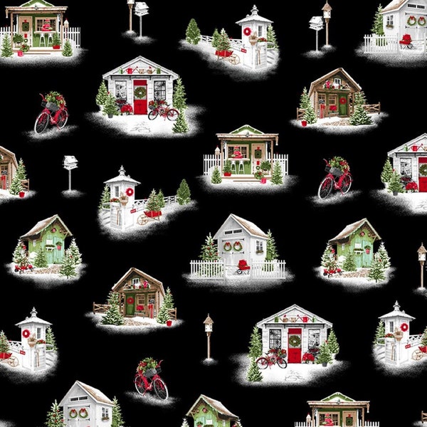 Decorated Garden Sheds Fabric, Henry Glass Holiday Happy Place 296-99 Jan Shade Beach, Christmas Quilt Fabric by the Yard, 100% Cotton