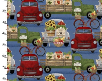 Old Farm Trucks Fabric, Fruits, Vegetables, Flowers, 3 Wishes Locally Grown 20197 by Beth Albert, Rustic Quilt Fabric by the Yard, Cotton