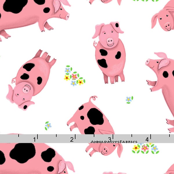 Happy Pigs Fabric, Pink & Black Pig Quilt Fabric, Henry Glass Farm Life 1182 12, Farm Fabric, Country Fabric, Kate Mawdsley, Cotton, FQ