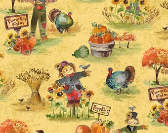 Pumpkins, Turkeys, Scarecrow Fabric, Michael Miller Pumpkin Farm DCX-9675 Gold, Fall Fabric, Thanksgiving Quilt Fabric by the Yard, Cotton