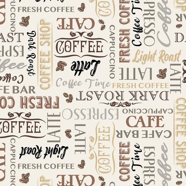 Coffee Words Fabric, Windham Coffee Connoisseur 53064-1 Jean Plout, Food, Apron, Cooking, Coffee Quilt Fabric, 100% Cotton