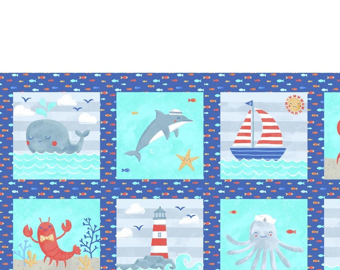 Scant Edge Nautical Fabric Panel Whale Dolphin Crab Etsy