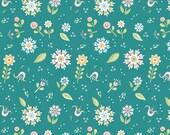 Teal Floral Fabric, Poppie Cottons Chick-A-Doodle-Doo 21712, Sheri McCulley, Folk Art Floral Quilt Fabric by the Yard, 100 Cotton