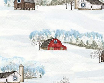 Winter Farm Scene Fabric, Barn Fabric, Riley Blake Winter Barn Quilts CD12080 Parchment, Farm Quilt Fabric by the Yard, 100% Cotton