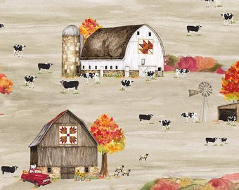 Farm Scene Fabric, Cows, Old Red Truck, Barn Fabric, Riley Blake Fall Barn Quilts CD12200 Wheat, Farm Quilt Fabric by the Yard, 100% Cotton