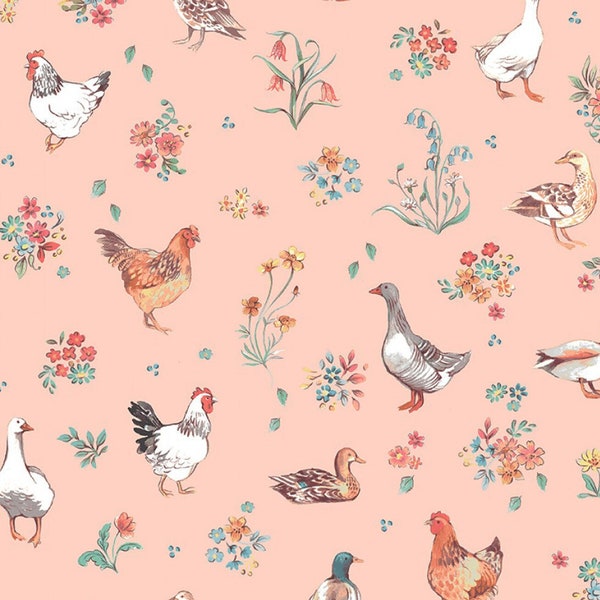 Peach Ducks, Roosters, Chicken Fabric, Windham Farm Meadow 52795-8 Clare Therese Gray, Farm Quilt Fabric by the Yard, 100% Cotton