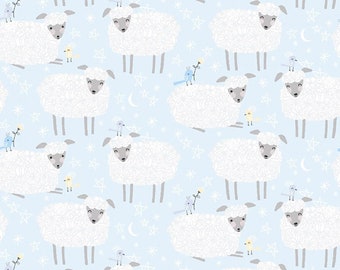 Blue Sheep Fabric, Contempo Baby Buddies 10282-05 Terry Runyan, Stars, Moon, Birds, Sheep Quilt Fabric by the Yard, Baby, Children, Cotton