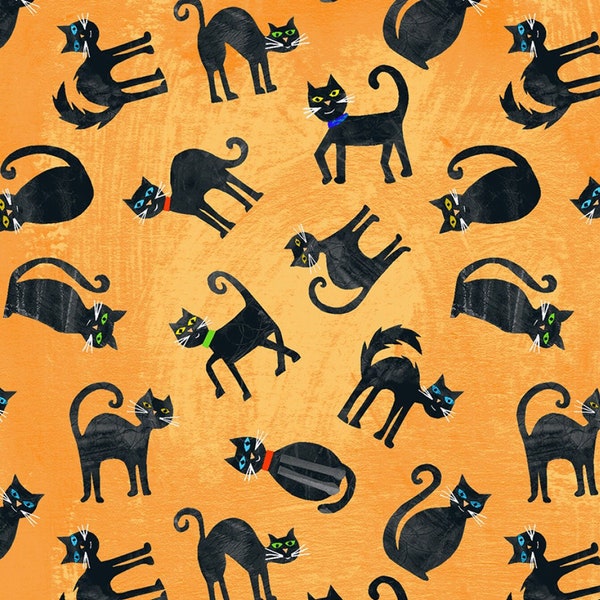 Black Cat Fabric, Clothworks Haunted Hollow Y3520-35 Orange Scaredy Cats, Tracey English, Halloween Quilt Fabric by the Yard, 100% Cotton