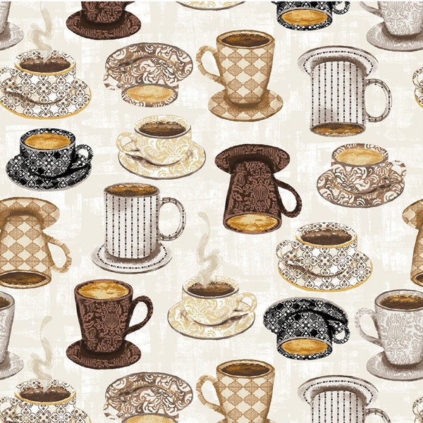 Coffee Fabric, Coffee Mugs, Cups, Windham Coffee Connoisseur 53063-1, Food, Apron, Cooking, Coffee Quilt Fabric by the Yard, 100% Cotton