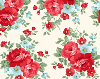 Red Roses Fabric, Floral Bouquet, Timeless Treasures Farm Fresh CD1538 Cream, Blue & Red Floral Quilt Fabric by the Yard, 100% Cotton