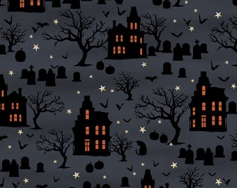 BonEful Fabric FQ Cotton Quilt Halloween Haunted House Town Village Scenic City BonEful Fabric FQ Cotton Quilt Halloween Haunted House Town Village Scenic City