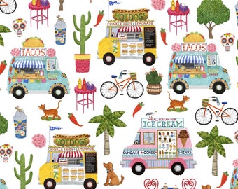 Food Trucks Fabric, P&B Textiles Gourmet to Go 4875, Ice Cream Truck, Taco Truck, Hot Dog Truck, Food Quilt Fabric by the Yard, 100% Cotton