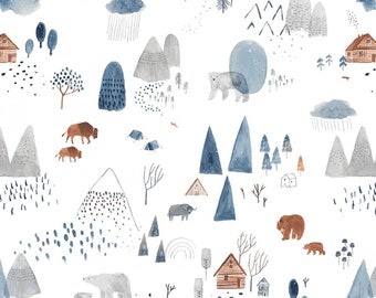 Woodland Animals Fabric, Dear Stella Be Brave D2300 White, Bears, Buffalo, Cabins, Wilderness Quilt Fabric by the Yard, 100% Cotton