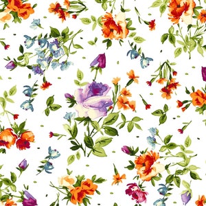 Blue, Orange, Purple Floral Fabric, Maywood Studio Bloom On 10073-UW, Flowers & Roses Quilt Fabric by the Yard, 100% Cotton