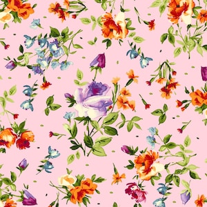 Purple, Orange, Blue Floral Fabric on Pink, Maywood Studio Bloom On 10073-P, Flowers & Roses Quilt Fabric by the Yard, 100% Cotton
