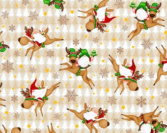 Christmas Gnomes Fabric, Reindeer Fabric, Henry Glass Timber Gnomies Tree Farm 302-44, Gnome Christmas Quilt Fabric by the Yard, Cotton