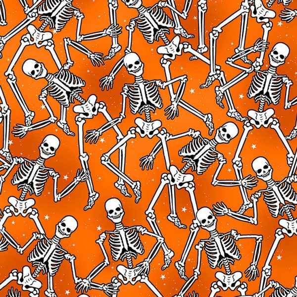 Glow in the Dark Skeletons Fabric on Orange, Benartex Kanvas Studio Halloween Spirit 12542G-38,  Halloween Quilt Fabric, 100% Cotton