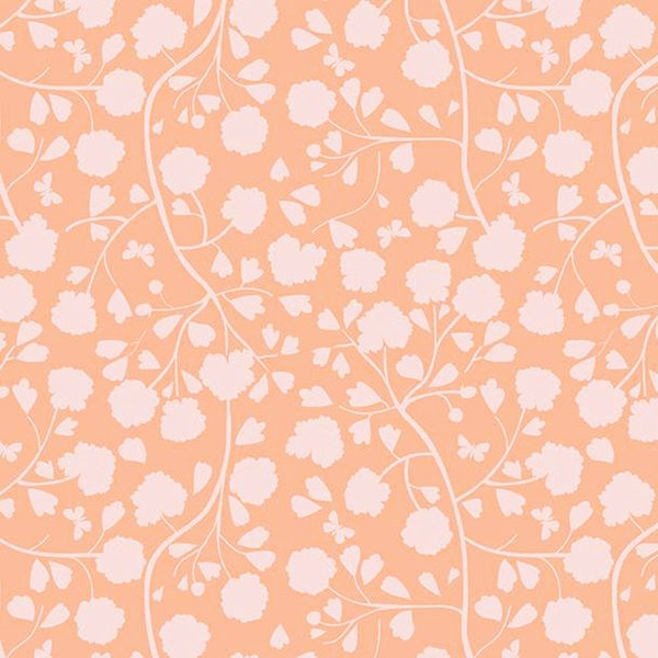 Slightly Pink Floral Fabric on Peach, Riley Blake Emma Shadow Garden C12214, Tiny Butterfly and Vines Quilt Fabric by the Yard, 100% Cotton