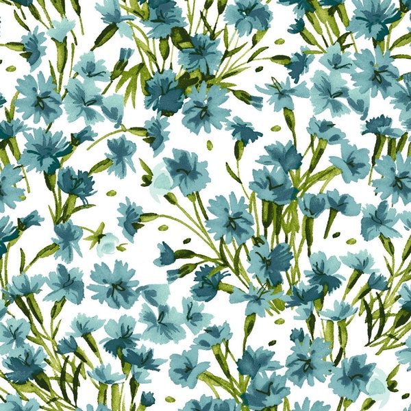Aqua, Teal Blue Floral Fabric, Maywood Studio Bloom On 10075-Q, Blue Flowers Quilt Fabric by the Yard, 100% Cotton