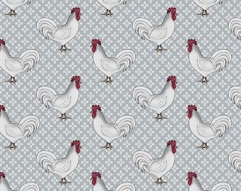 Rooster Fabric Benartex Spring Hill Farm 13247-13 Gray, Dianna Swartz, Rustic Farm Quilt Fabric by the Yard, 100% Cotton