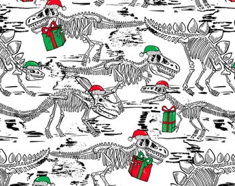 Christmas Dinosaur Fabric, Timeless Treasures Tree-Rex CD1385 White, Dinosaur Skeleton, Dinosaur Christmas Quilt Fabric by the Yard, Cotton