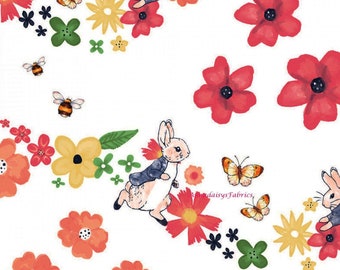 Floral Peter Rabbit Fabric, Visage Textile 2727C-04 Beatrix Potter, Easter Fabric, Bunny Quilt Fabric, 100% Cotton