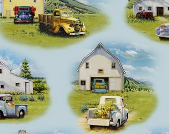 Retro Trucks Fabric, Barn Fabric, Elizabeth Studio Vintage Trucks 21001, Farm Fabric, Old Trucks Quilt Fabric by the Yard, 100% Cotton