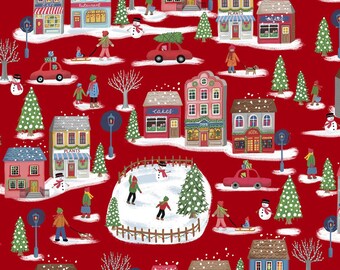 Red Christmas Village Fabric, P & B Christmas Miniatures II 4722-R, Small Print Winter Scene Christmas Quilt Fabric by the Yard, 100% Cotton