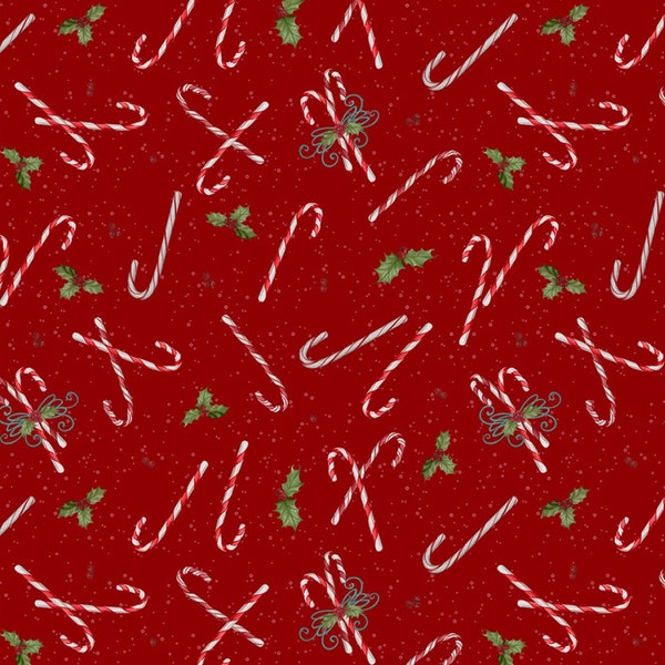 Holly & Candy Cane Fabric, Wilmington Prints Peppermint Patrol 27637-337, Peppermint Candycane, Christmas Quilt Fabric, 100% Cotton