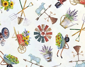 Rustic Farm Fabric, Weather Vane, Windmill, Red Tractor, Hoffman Homestead Memories T4970 Digital, Farm Quilt Fabric by the Yard, Cotton