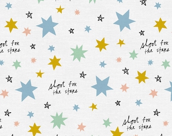 Star Fabric, Paintbrush Studio Shoot for the Stars 22302,  Gold, Mint, Peach, Blue Stars Quilt Fabric by the Yard, 100% Cotton