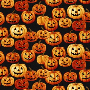 Jack-O-Lantern Fabric, Henry Glass Haunted Village 2803-99 by Color Principle, Halloween Quilt Fabric by the Yard, 100% Cotton
