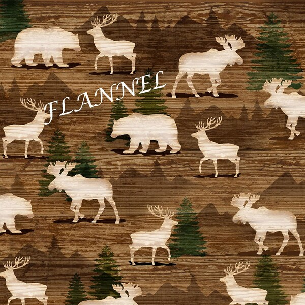 Woodland Flannel Fabric, Moose, Bear, Elk, Henry Glass Pine Cone Lodge 9256-33 Andrea Tachiera, 2 Ply Quilt Flannel, 100% Cotton
