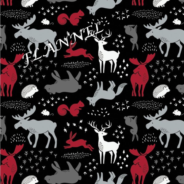 Woodland Animal Flannel Fabric, Camelot Hudson 2112101B-1 Forest Animals, Quilt Flannel, Deer, Moose, Bear, Hedgehog, 100% Cotton